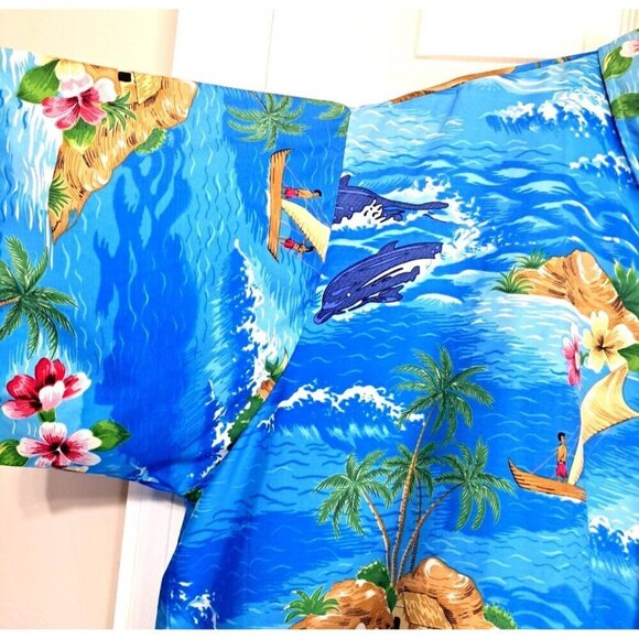 RIMA Men's 3XL Multicolor blue Tropical Dolphin Floral Hawaiian Aloha S/S Shirt - Picture 4 of 6